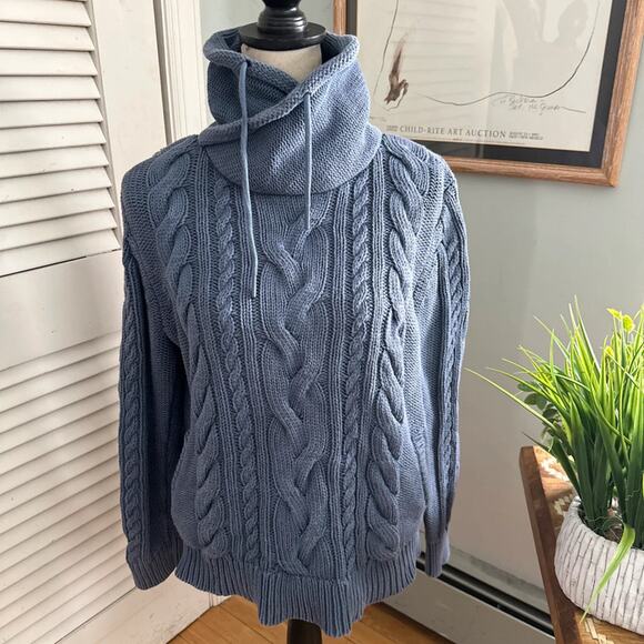 LL Bean Sweater Womens Large Petite Blue Cable Knit Funnel Neck Pullover Classic - Picture 3 of 10